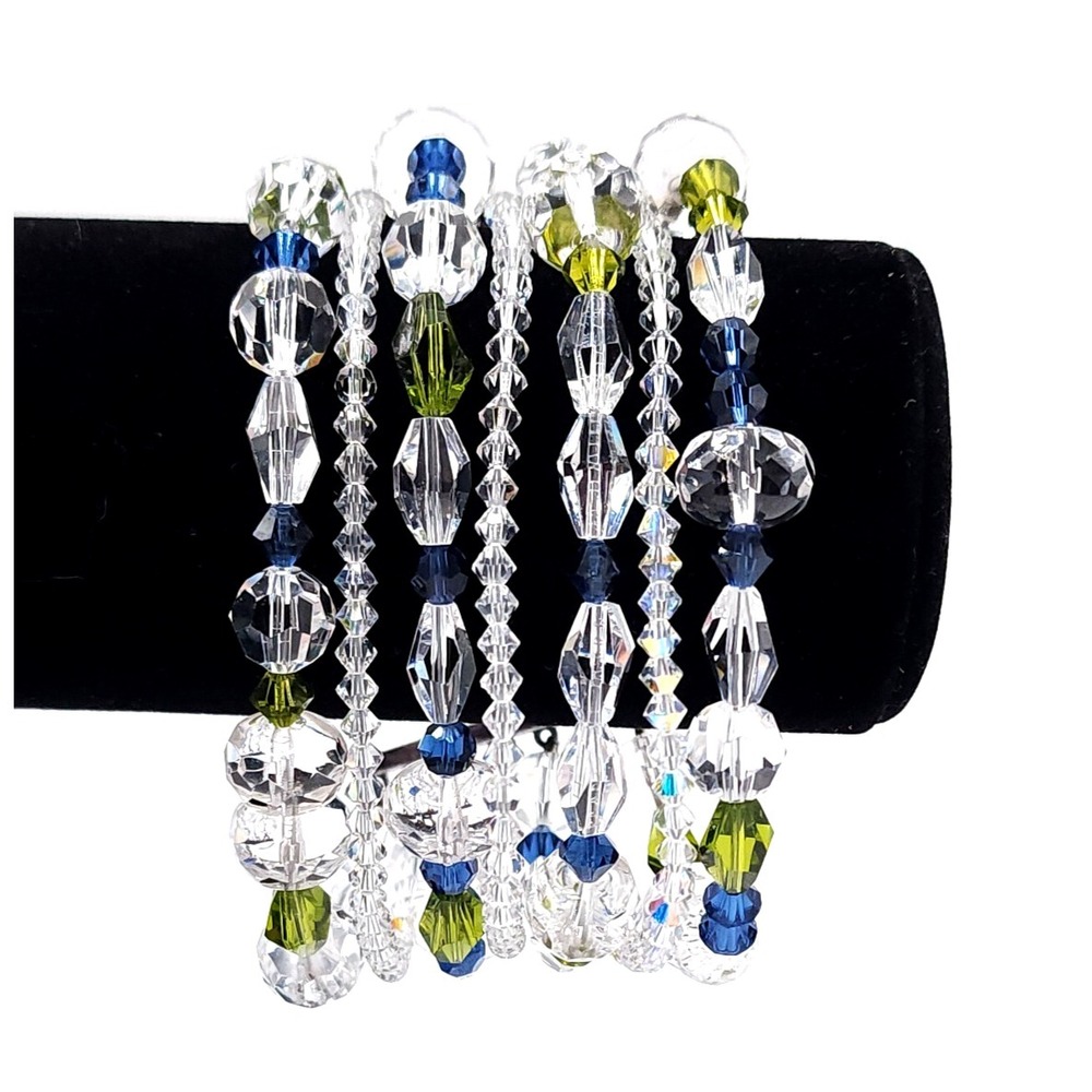 Blue‎ Green Bead Bracelet Multi Strand Silver Adjustable 7-8in